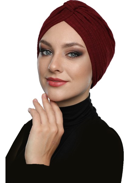 Çapraz Penye Bantlı Astarlı Bordo Hazır Türban Tesettür Havuz Bonesi