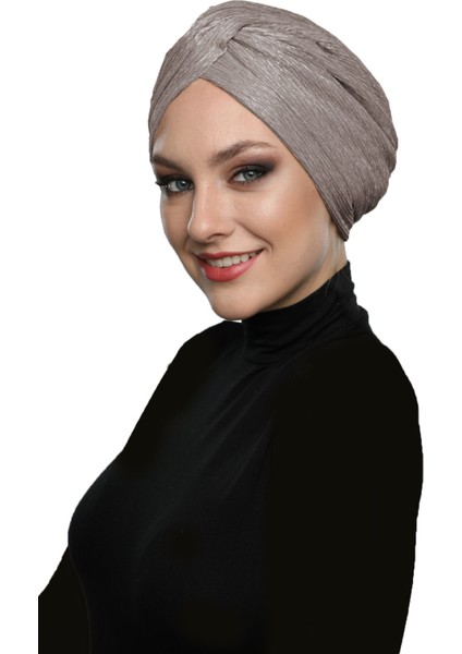 Simli Çapraz Astarlı Kahve Hazır Türban Tesettür Bone