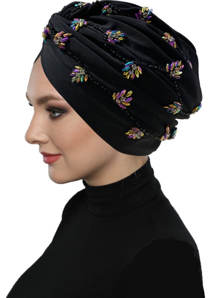 Shining El Işlemeli Siyah-Janjanlı Ivy Flower Astarlı Hazır Türban Tesettür Abiye Bone