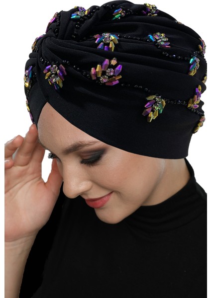 Shining El Işlemeli Siyah-Janjanlı Ivy Flower Astarlı Hazır Türban Tesettür Abiye Bone