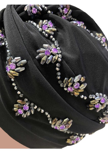Shining El Işlemeli Siyah-Lila Ivy Flower Astarlı Hazır Türban Tesettür Abiye Bone
