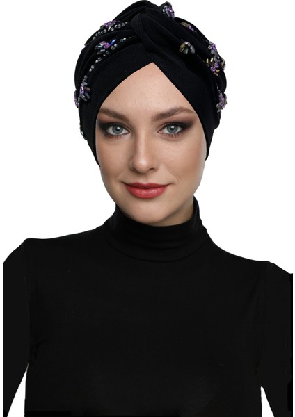Shining El Işlemeli Siyah-Lila Ivy Flower Astarlı Hazır Türban Tesettür Abiye Bone