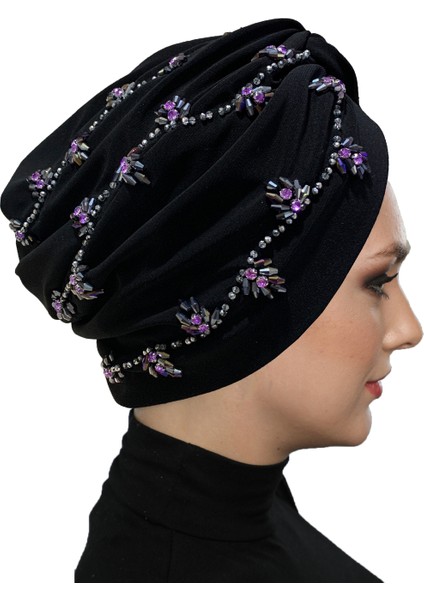Shining El Işlemeli Siyah-Lila Ivy Flower Astarlı Hazır Türban Tesettür Abiye Bone