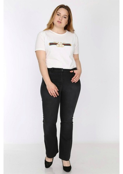 Büyük Beden Kadın İspanyol Paca Siyah Cizikli Jeans Pantolon