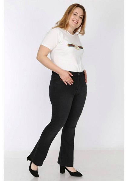 Büyük Beden Kadın İspanyol Paca Siyah Cizikli Jeans Pantolon fiyatları