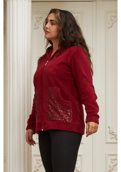 Kol ve Cep Pul Payet Işlemeli Büyük Beden Bordo Hırka modelleri