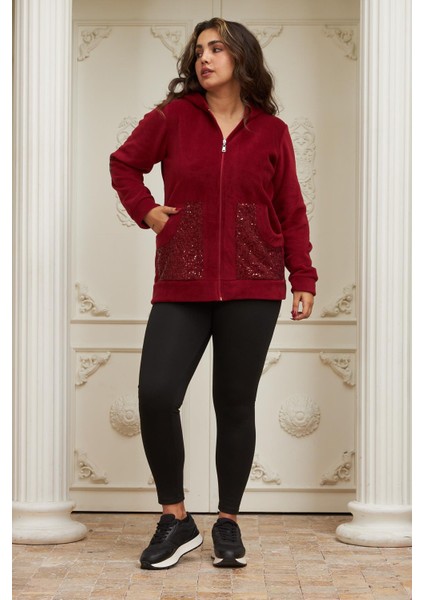 Kol ve Cep Pul Payet Işlemeli Büyük Beden Bordo Hırka indirimleri