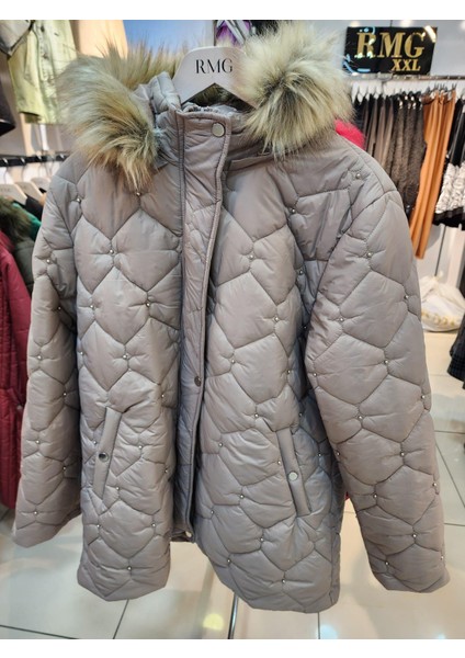 Kapitone Incili Büyük Beden Vizon Mont