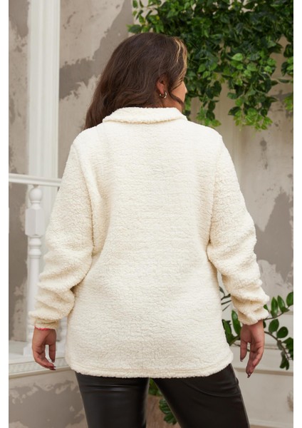 Biye Detaylı Büyük Beden Krem Kıvırcık Sweatshirt