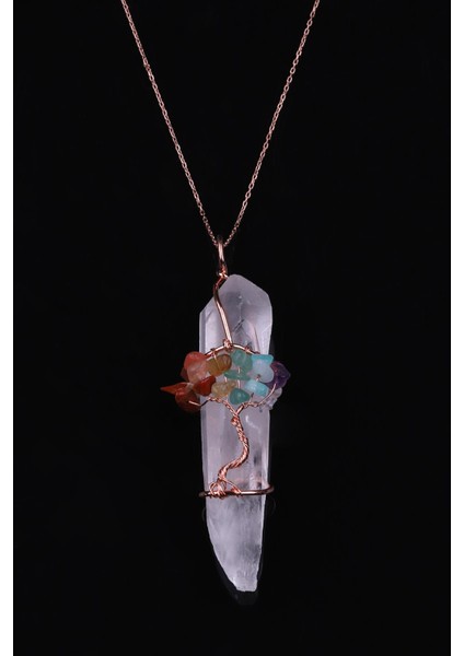 Kristal Kuvars Doğal Taş Tel Sarmalı Çakra Kolye