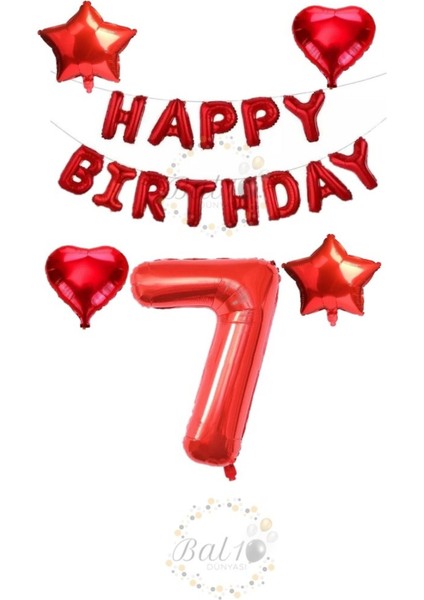 Kırmızı Renk Happy Bırthday Rakam ve Yıldız Kalp Folyo Balon Seti Yaş 7
