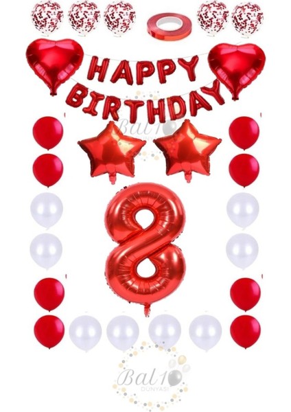 Kırmızı Happy Bırthday Rakam Yıldız Kalp Folyo Balon ve Konfetili Balon Seti Seti Yaş 8