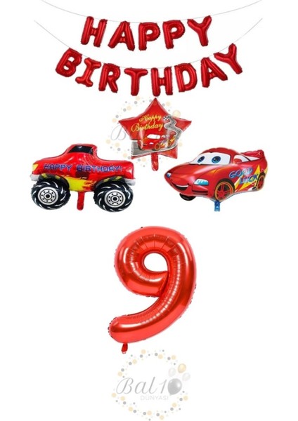 Kırmızı Renk Happy Bırthday Rakam Araba ve Jeep Folyo Balon Seti Yaş 9