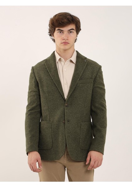 Haki Erkek Slim Fit Düz Kaşe Mono Yaka Ceket