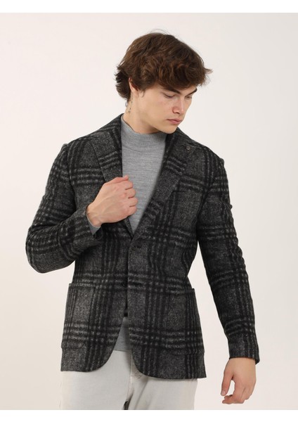 Siyah Erkek Slim Fit Ekose Desenli Casual Mono Yaka Ceket modelleri