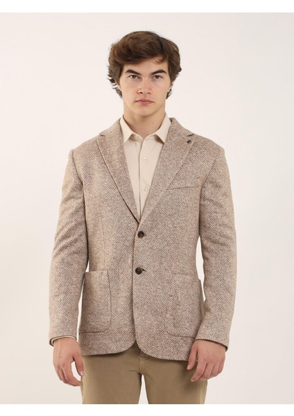 Camel Erkek Slim Fit Desenli Casual Mono Yaka Ceket