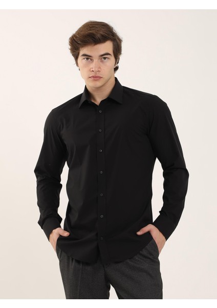 Siyah Erkek Slim Fit Klasik Yaka Uzun Kol Gömlek fiyatları