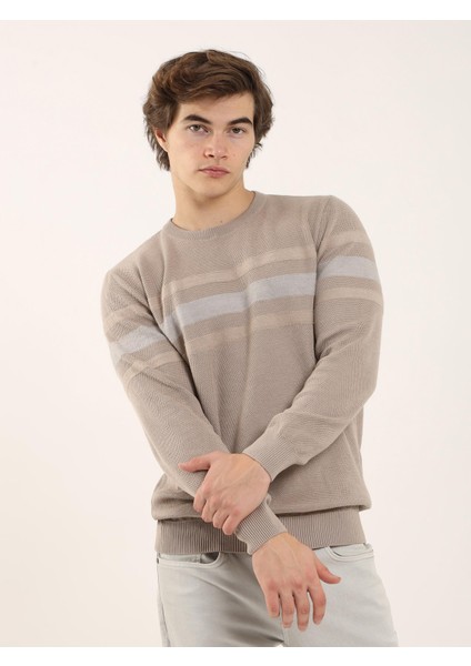 Bej Erkek Slim Fit Çizgili Bisiklet Yaka Triko fiyatları