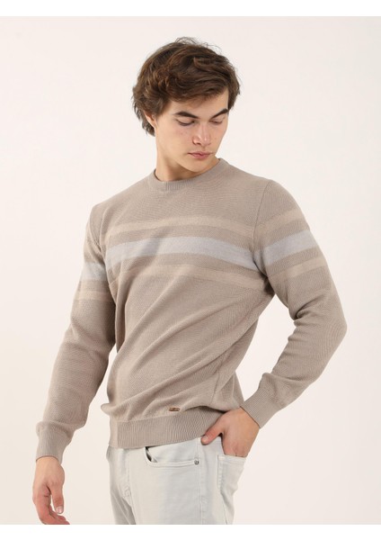 Bej Erkek Slim Fit Çizgili Bisiklet Yaka Triko modelleri