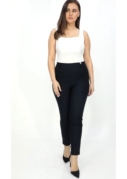 Büyük Beden Toparlayıcı Kışlık Yüksek Bel Punto Kumaş Siyah Renk Pantolon