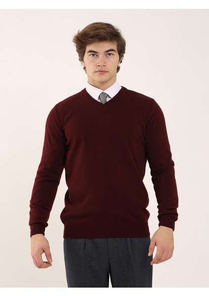 Bordo Erkek Slim Fit Düz Klasik V Yaka Triko