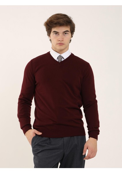 Bordo Erkek Slim Fit Düz Klasik V Yaka Triko fiyatları