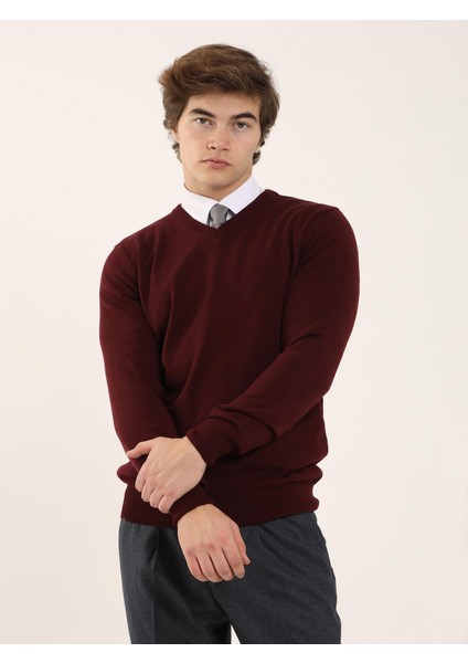 Bordo Erkek Slim Fit Düz Klasik V Yaka Triko modelleri