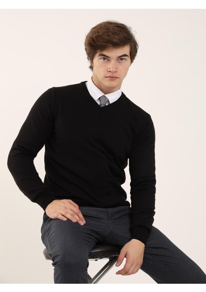 Siyah Erkek Slim Fit Düz Klasik V Yaka Triko