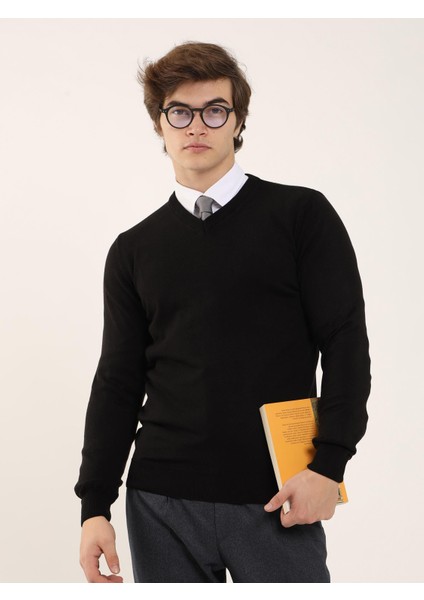 Siyah Erkek Slim Fit Düz Klasik V Yaka Triko fırsatları
