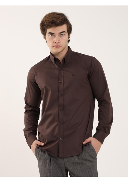 Kahve Erkek Slim Fit Düğmeli Yaka Uzun Kol Gömlek