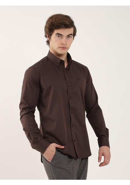 Kahve Erkek Slim Fit Düğmeli Yaka Uzun Kol Gömlek modelleri