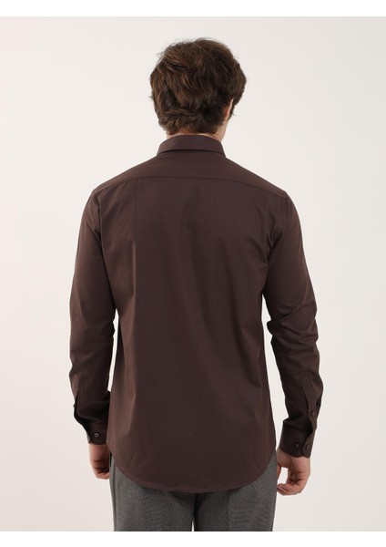 Kahve Erkek Slim Fit Düğmeli Yaka Uzun Kol Gömlek fırsatları
