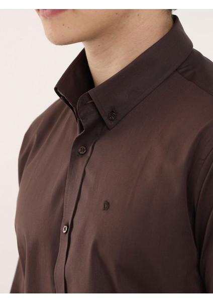 Kahve Erkek Slim Fit Düğmeli Yaka Uzun Kol Gömlek indirimleri