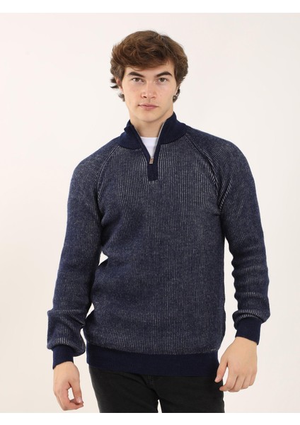 Lacivert Erkek Regular Fit Dokulu Fermuarlı Dik Yaka Triko