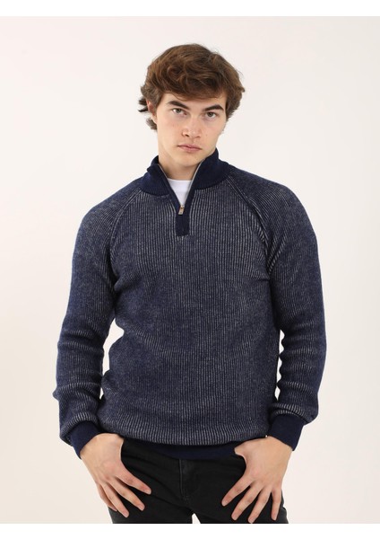 Lacivert Erkek Regular Fit Dokulu Fermuarlı Dik Yaka Triko modelleri