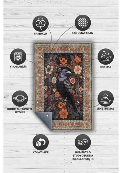 Nuh'un Gemisi Koleksiyonu Kuzgun Çiçek Desenli Karga Temalı Vintage Renkli Maksimalist Halı fırsatları