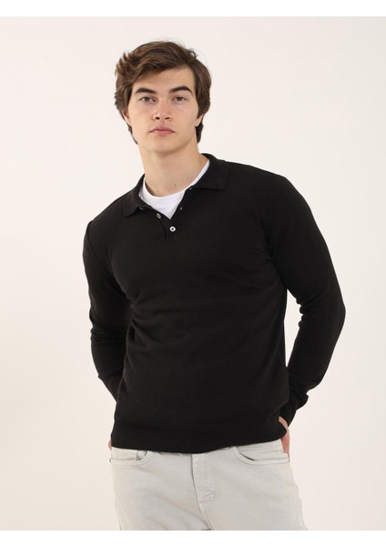 Siyah Erkek Slim Fit Polo Yaka Triko fırsatları