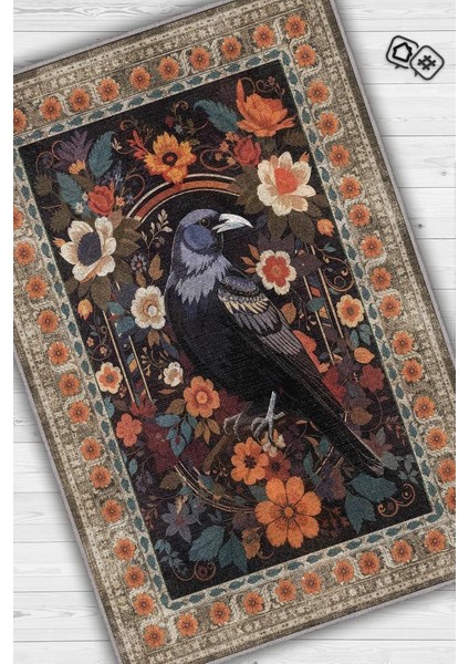 Nuh'un Gemisi Koleksiyonu Kuzgun Çiçek Desenli Karga Temalı Vintage Renkli Maksimalist Halı
