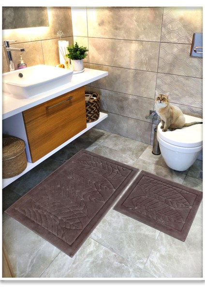 %100 Pamuk Dokuma Banyo Paspas Seti, Banyo Halısı Yaprak 60X100 - 60X50