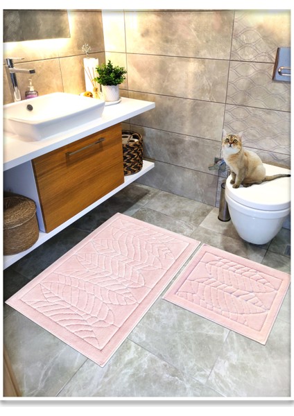 %100 Pamuk Dokuma Banyo Paspas Seti, Banyo Halısı Yaprak 60X100 - 60X50