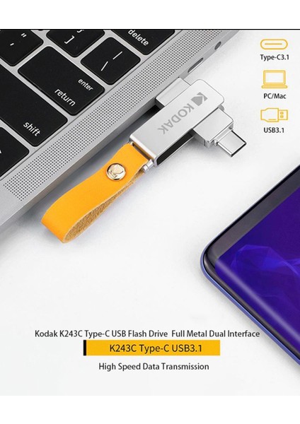 K243C 128Gb.Type-C ve Usb 3.1 Flash Bellek Type-C girişli Tüm telefonlara Ve İphone 15 Serisi Uygun Otg Çift Giriş Metal Sağlam Orjinal