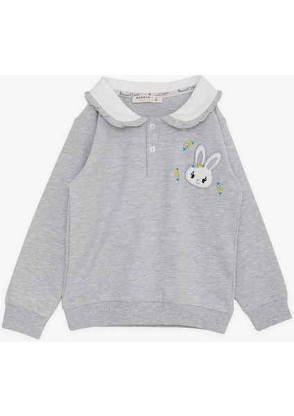 Kız Çocuk Sweatshirt Tavşan Nakışlı Düğmeli 2-6 Yaş, Açık Gri Melanj