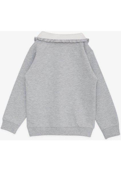 Kız Çocuk Sweatshirt Tavşan Nakışlı Düğmeli 2-6 Yaş, Açık Gri Melanj
