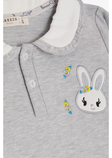 Kız Çocuk Sweatshirt Tavşan Nakışlı Düğmeli 2-6 Yaş, Açık Gri Melanj