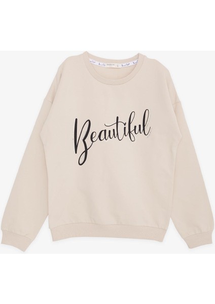 Kız Çocuk Sweatshirt Taşlı Yazı Baskılı 9-14 Yaş, Bej