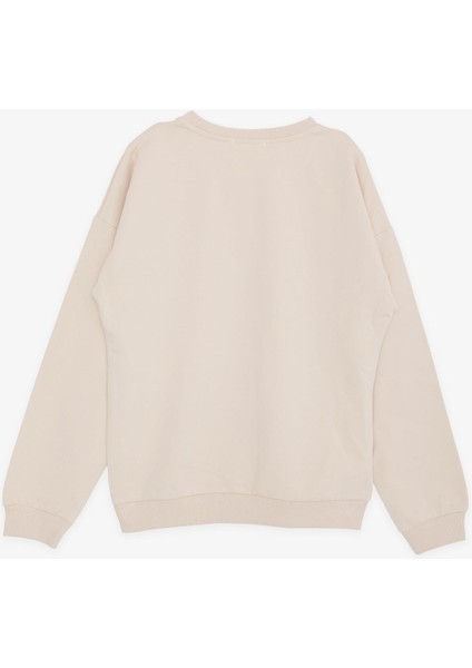 Kız Çocuk Sweatshirt Taşlı Yazı Baskılı 9-14 Yaş, Bej