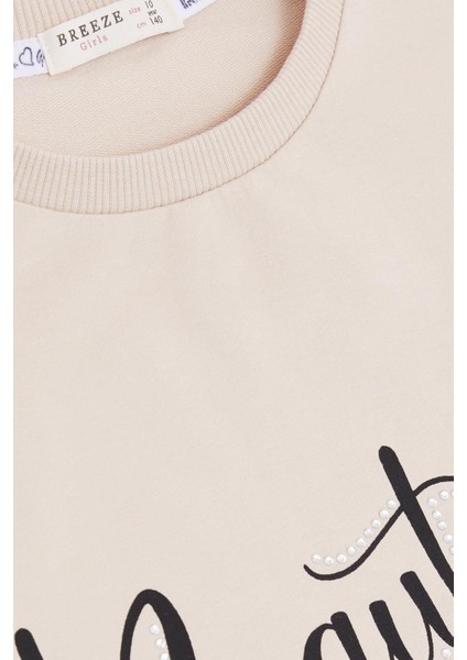 Kız Çocuk Sweatshirt Taşlı Yazı Baskılı 9-14 Yaş, Bej