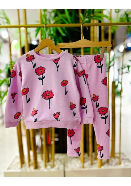 Lale Desenli Kız Çocuk Taytlı takım - Lila