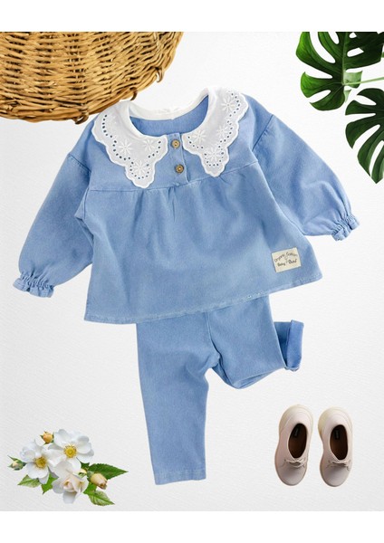 Bebek Fisto Yakalı Ince Örme Kot 2 li takım - Mavi