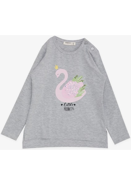 Kız Çocuk Uzun Kollu Tişört Prenses Kuğu Baskılı Pullu 2-6 Yaş, Gri Melanj indirimleri